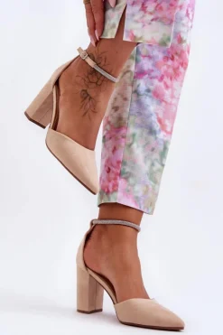 Damskie Boto Zamszowe Czółenka Z Cyrkoniami Beżowe Diamond