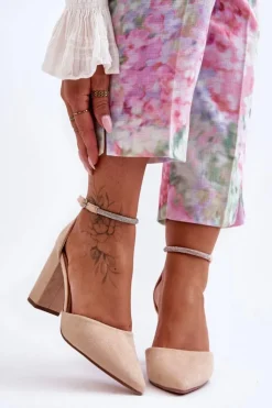 Damskie Boto Zamszowe Czółenka Z Cyrkoniami Beżowe Diamond