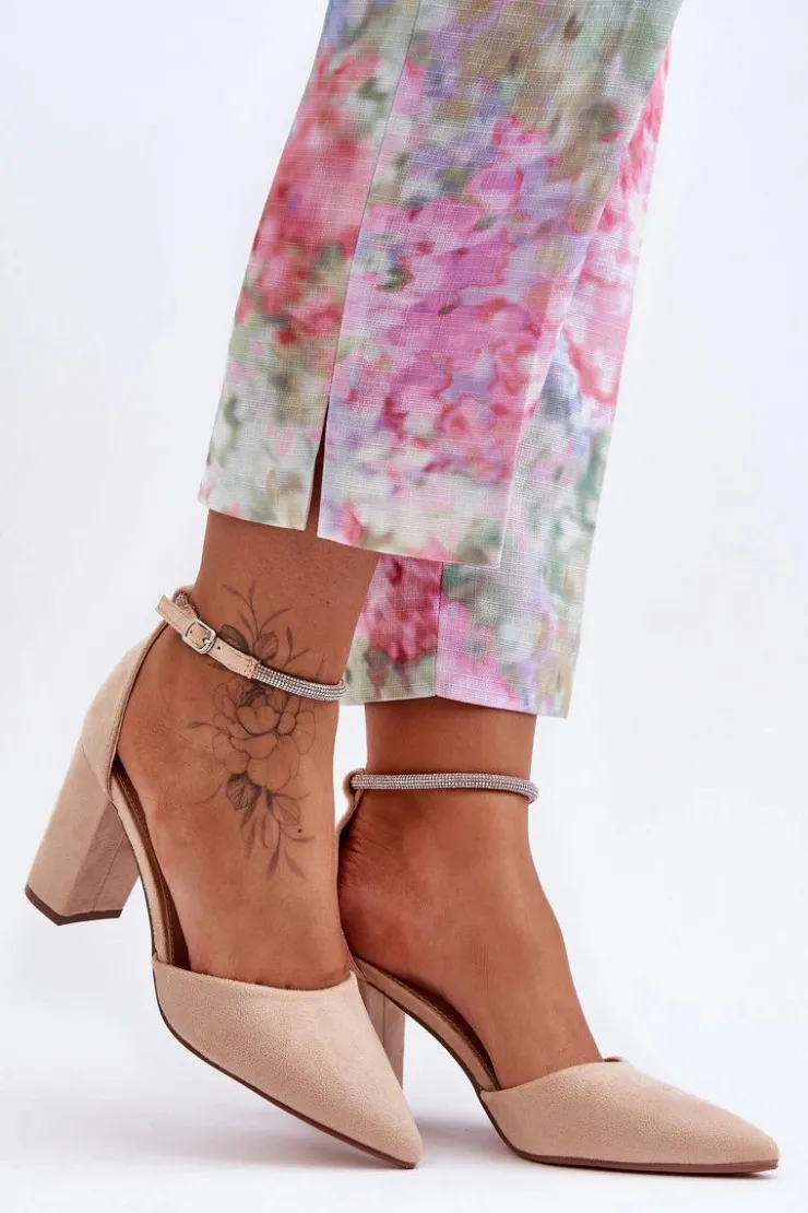 Damskie Boto Zamszowe Czółenka Z Cyrkoniami Beżowe Diamond