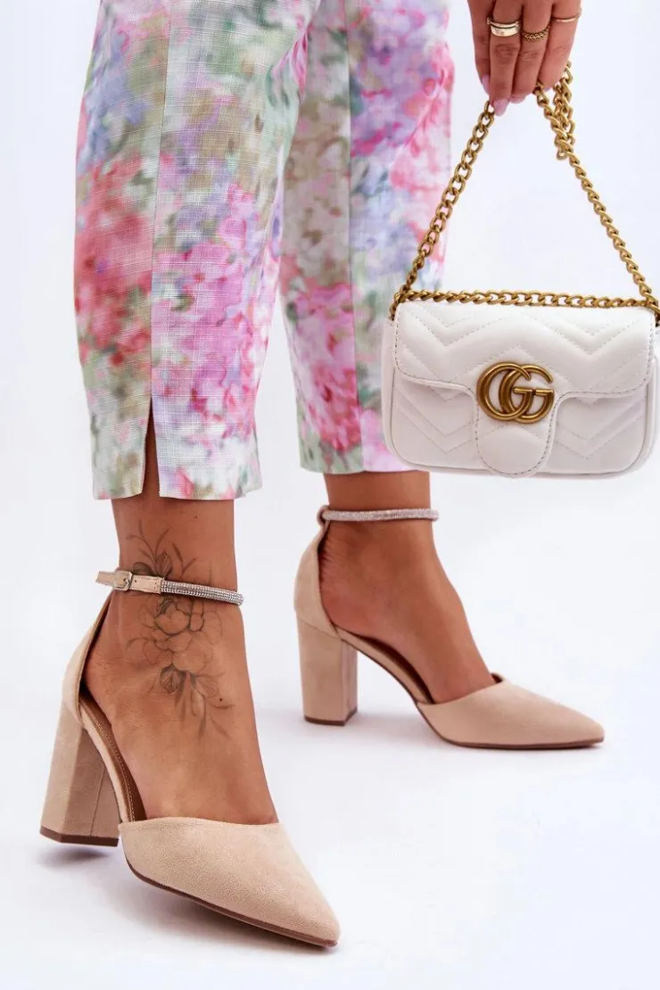 Damskie Boto Zamszowe Czółenka Z Cyrkoniami Beżowe Diamond