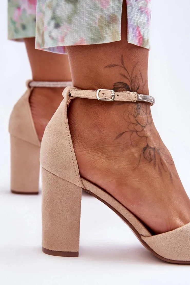 Damskie Boto Zamszowe Czółenka Z Cyrkoniami Beżowe Diamond