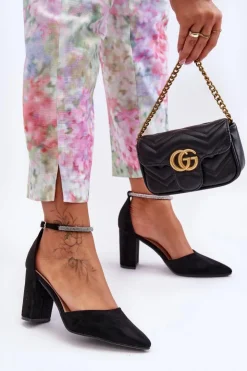 Damskie Boto Zamszowe Czółenka Z Cyrkoniami Czarne Diamond