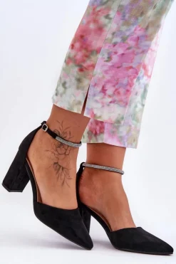 Damskie Boto Zamszowe Czółenka Z Cyrkoniami Czarne Diamond