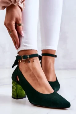 Damskie Maciejka Zamszowe Czółenka Z Kokardką 05059-09 Ciemnozielone