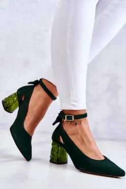 Damskie Maciejka Zamszowe Czółenka Z Kokardką 05059-09 Ciemnozielone