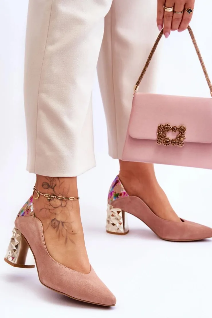 Maciejka Czółenka Na Słupku|Czółenka Klasyczne*Zamszowe Czółenka Z Ozdobnym Obcasem 05042-15 Różowe