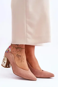 Maciejka Czółenka Na Słupku|Czółenka Klasyczne*Zamszowe Czółenka Z Ozdobnym Obcasem 05042-15 Różowe