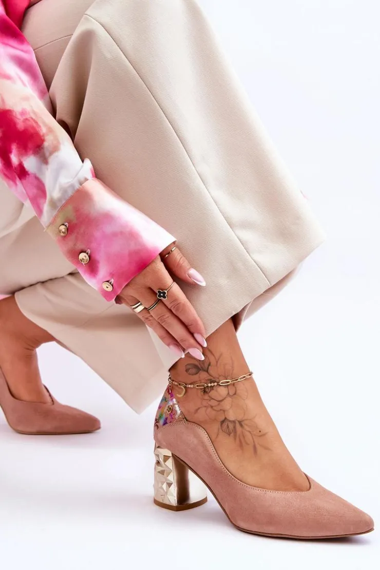 Maciejka Czółenka Na Słupku|Czółenka Klasyczne*Zamszowe Czółenka Z Ozdobnym Obcasem 05042-15 Różowe