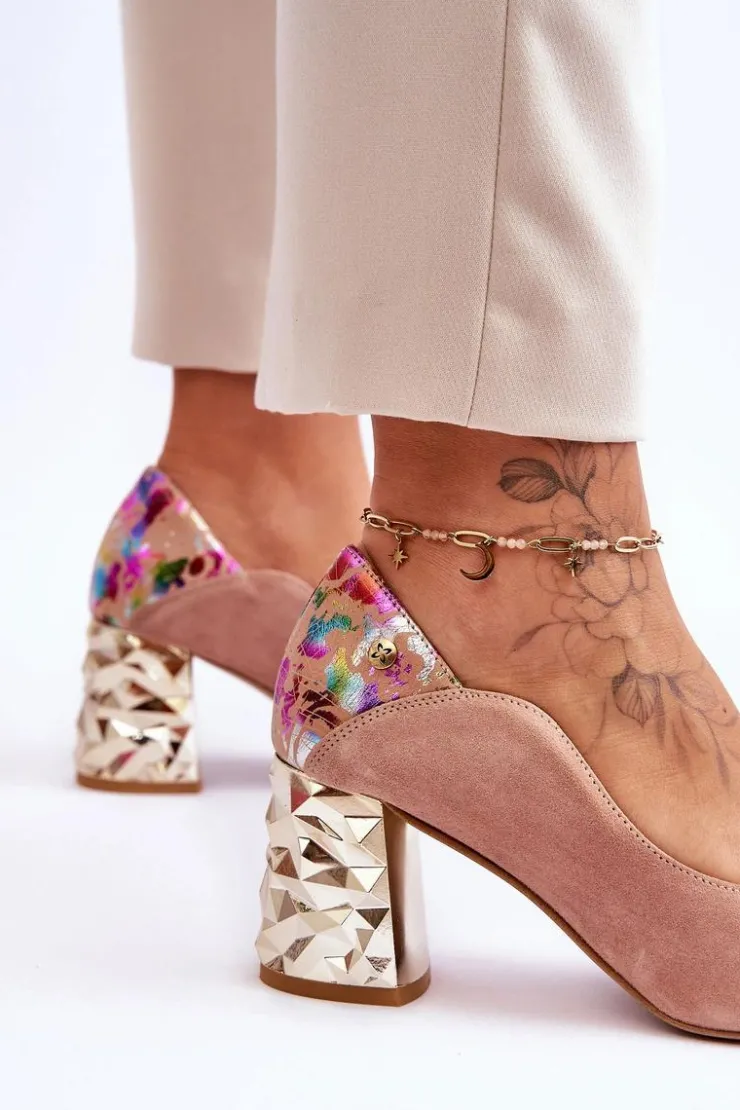 Maciejka Czółenka Na Słupku|Czółenka Klasyczne*Zamszowe Czółenka Z Ozdobnym Obcasem 05042-15 Różowe