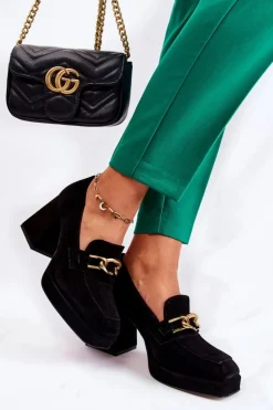 New Laura Messi Zamszowe Czółenka Z Ozdobnym Łańcuchem 2444 Czarne Czarny