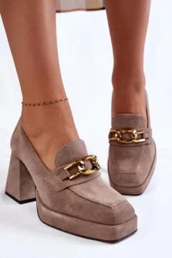 Laura Messi Czółenka Klasyczne*Zamszowe Czółenka Z Ozdobnym Łańcuchem 2444 Jasnobrązowe