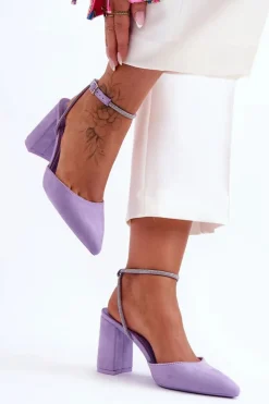 Boto Czółenka Zamszowe|Czółenka Na Słupku*Zamszowe Czółenka Z Ozdobnym Paseczkiem Fioletowe Lirosa