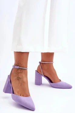 Boto Czółenka Zamszowe|Czółenka Na Słupku*Zamszowe Czółenka Z Ozdobnym Paseczkiem Fioletowe Lirosa