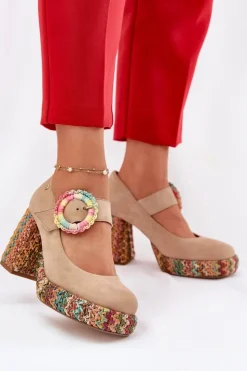 Maciejka Czółenka Na Platformie|Czółenka Zamszowe*Zamszowe Czółenka Z Plecionką Na Słupku I Platformie 06839-04 Beżowe