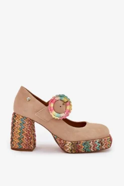 Maciejka Czółenka Na Platformie|Czółenka Zamszowe*Zamszowe Czółenka Z Plecionką Na Słupku I Platformie 06839-04 Beżowe