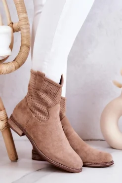 Damskie Damskie buty S.Barski Zamszowe Damskie Ażurowe Botki Beżowe Lemar