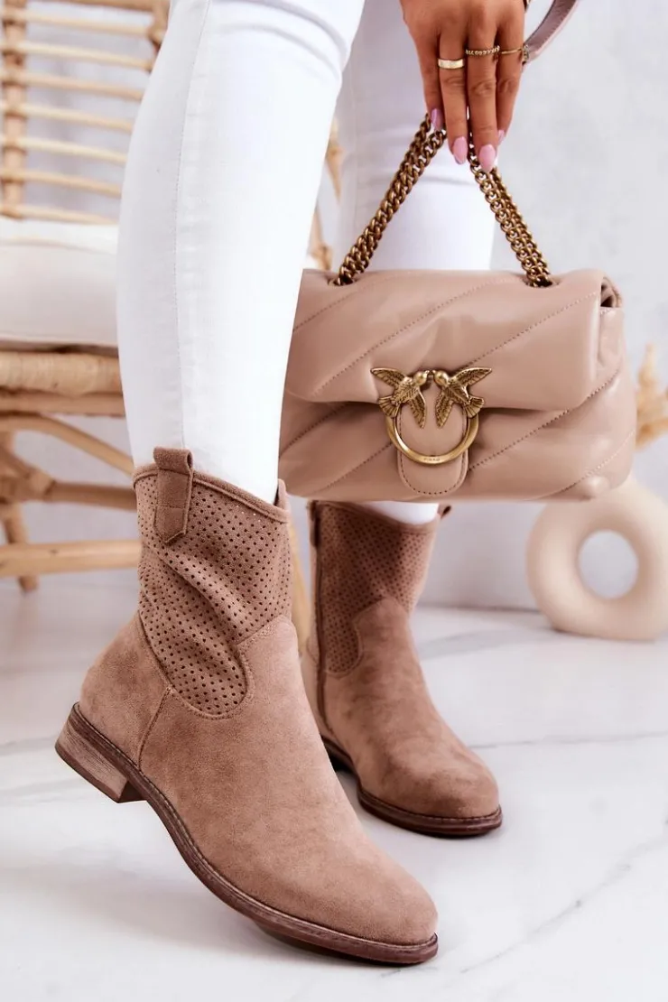 Damskie Damskie buty S.Barski Zamszowe Damskie Ażurowe Botki Beżowe Lemar