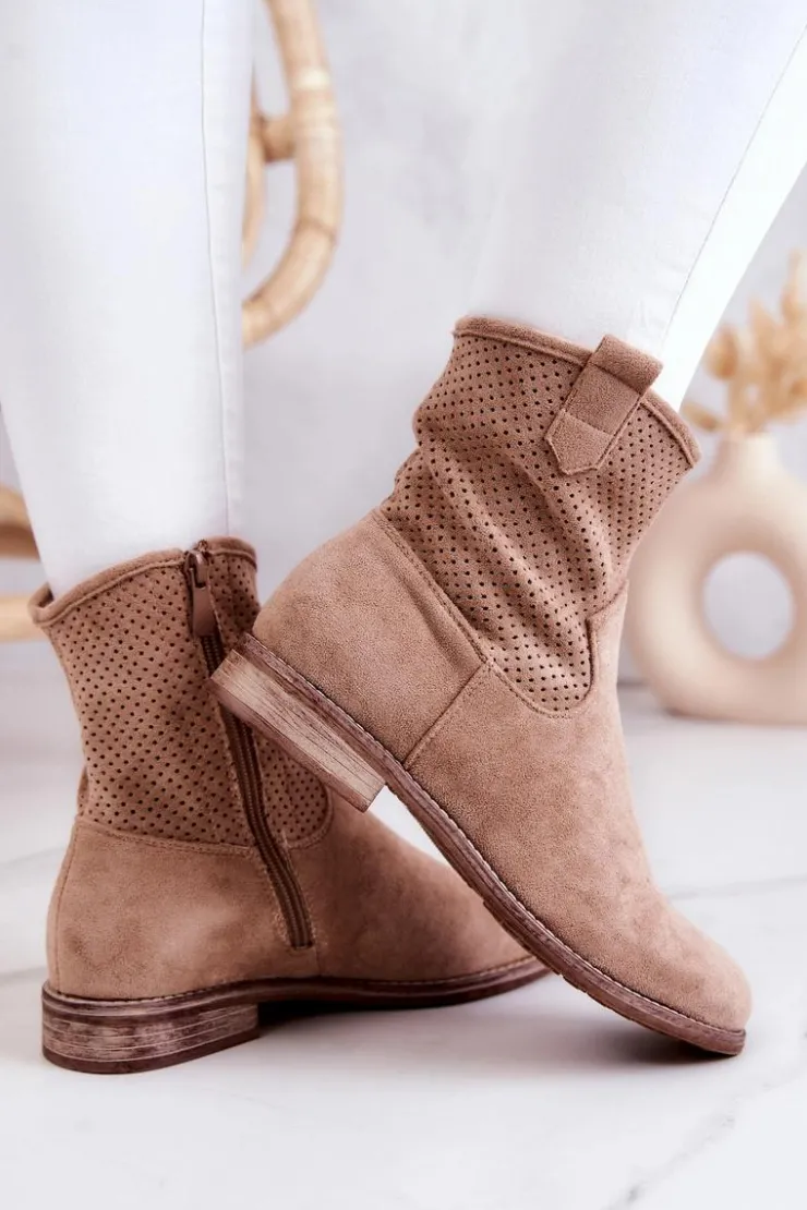 Damskie Damskie buty S.Barski Zamszowe Damskie Ażurowe Botki Beżowe Lemar