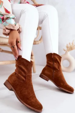 Damskie buty S.Barski Botki Wiosenne|Brązowe I Beżowe Botki*Zamszowe Damskie Ażurowe Botki Camel Lemar