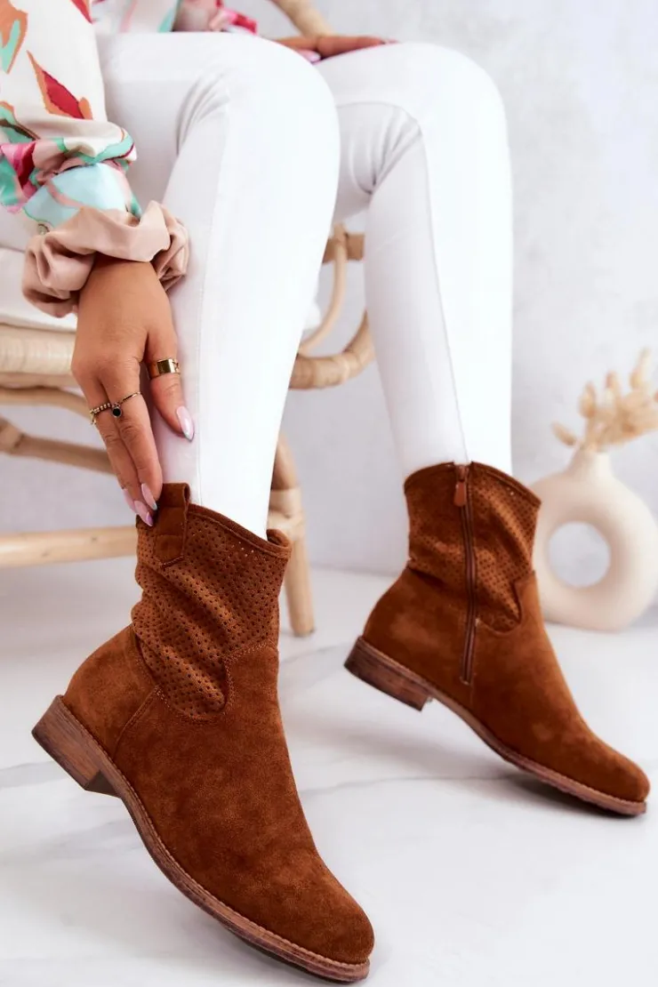 Damskie buty S.Barski Botki Wiosenne|Brązowe I Beżowe Botki*Zamszowe Damskie Ażurowe Botki Camel Lemar