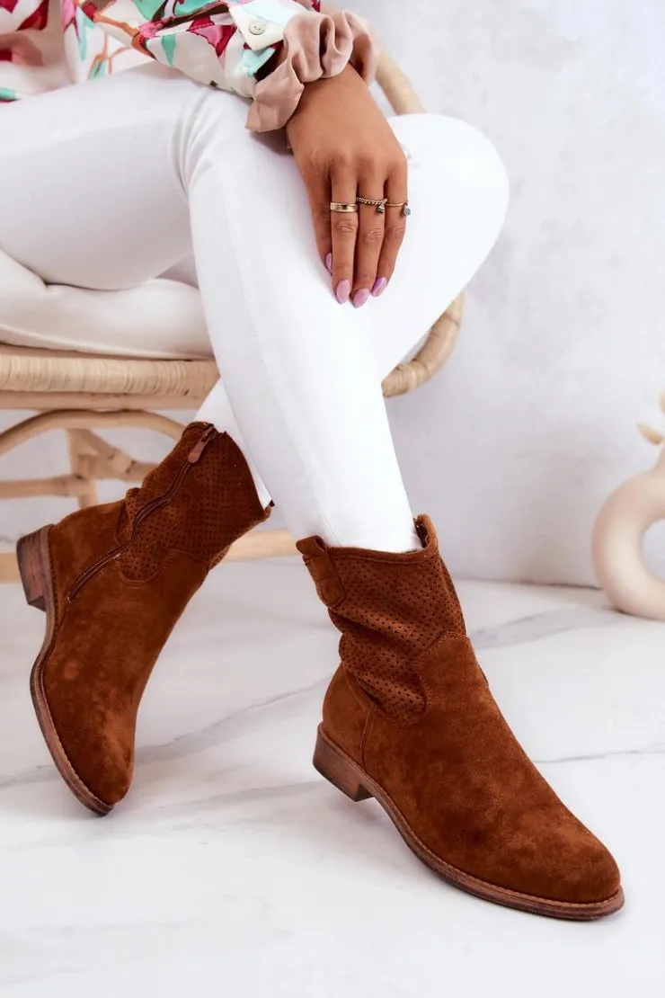 Damskie buty S.Barski Botki Wiosenne|Brązowe I Beżowe Botki*Zamszowe Damskie Ażurowe Botki Camel Lemar