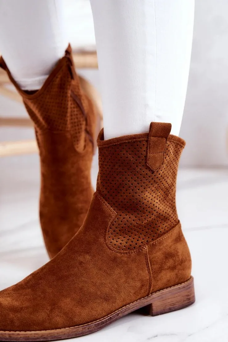 Damskie buty S.Barski Botki Wiosenne|Brązowe I Beżowe Botki*Zamszowe Damskie Ażurowe Botki Camel Lemar