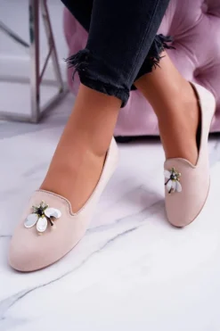 Boto Baleriny Klasyczne*Zamszowe Damskie Balerinki Lordsy Beż Veni