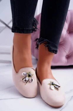 Boto Baleriny Klasyczne*Zamszowe Damskie Balerinki Lordsy Beż Veni