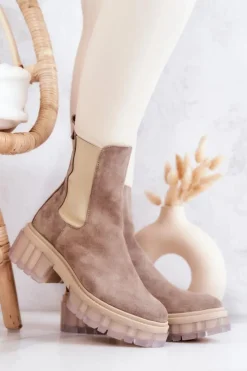 Boto Botki Wiosenne|Brązowe I Beżowe Botki*Zamszowe Damskie Botki Beżowe Eliann