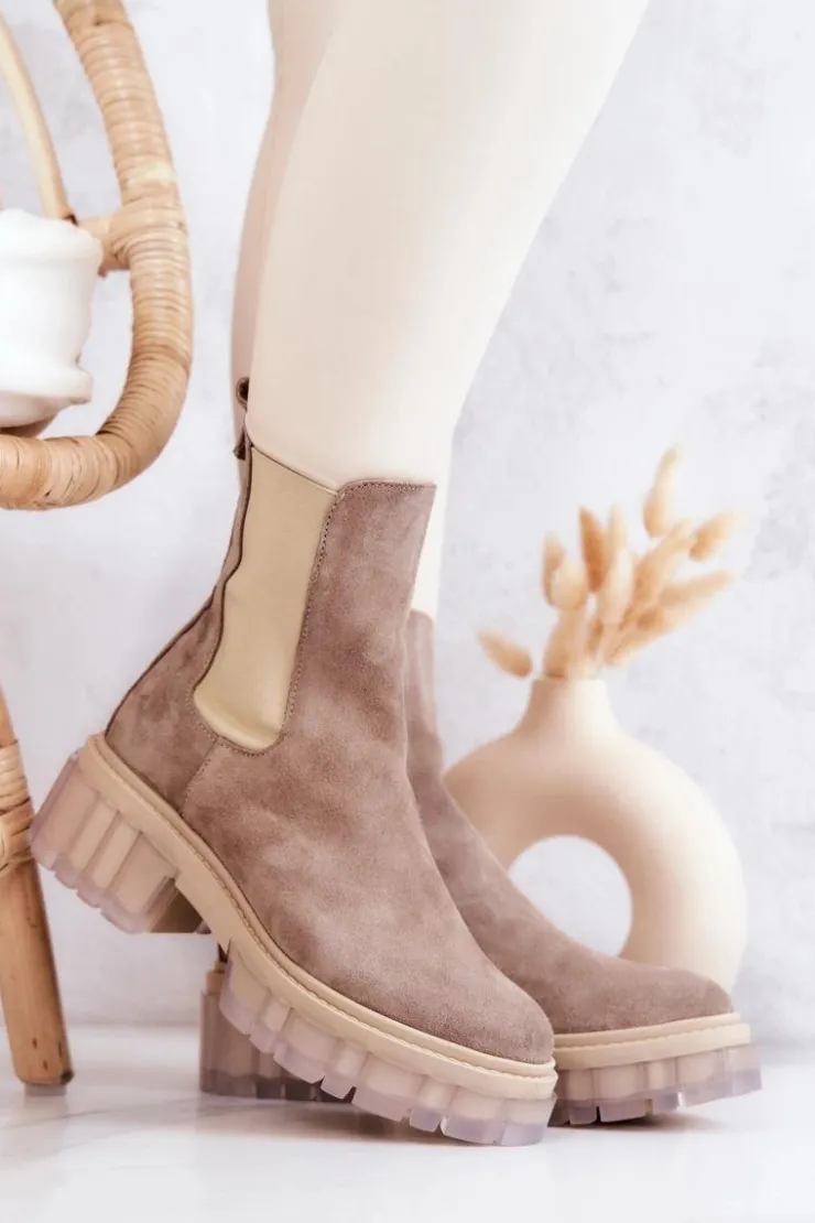 Boto Botki Wiosenne|Brązowe I Beżowe Botki*Zamszowe Damskie Botki Beżowe Eliann