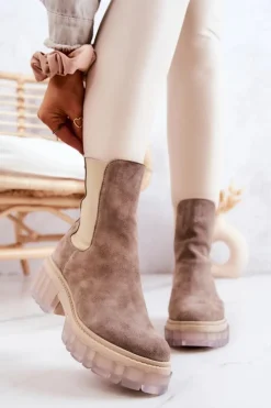 Boto Botki Wiosenne|Brązowe I Beżowe Botki*Zamszowe Damskie Botki Beżowe Eliann