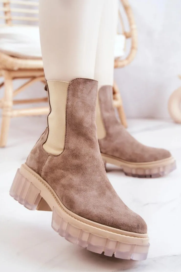 Boto Botki Wiosenne|Brązowe I Beżowe Botki*Zamszowe Damskie Botki Beżowe Eliann