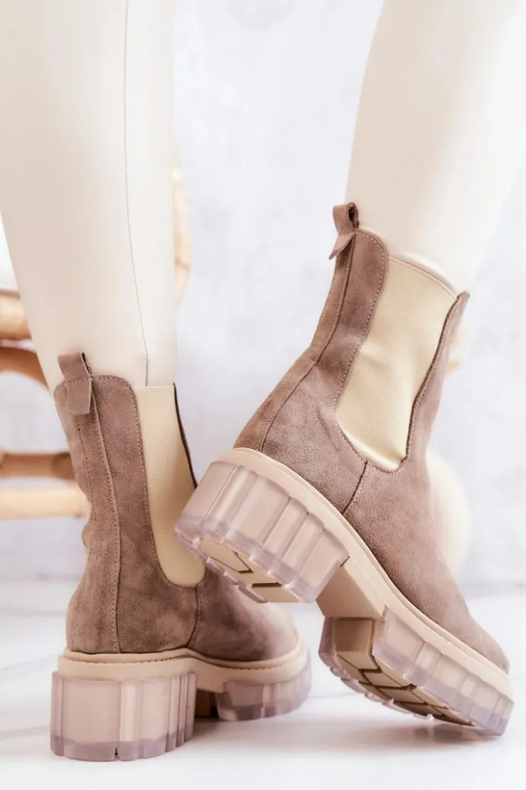 Boto Botki Wiosenne|Brązowe I Beżowe Botki*Zamszowe Damskie Botki Beżowe Eliann