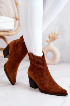 Damskie buty S.Barski Botki Wiosenne|Botki Na Słupku*Zamszowe Damskie Botki Kowbojki Camel Devon