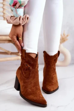 Damskie buty S.Barski Botki Wiosenne|Botki Na Słupku*Zamszowe Damskie Botki Kowbojki Camel Devon