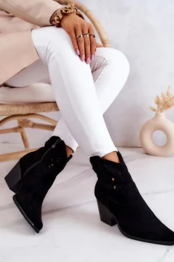 Outlet Damskie buty S.Barski Zamszowe Damskie Botki Kowbojki Czarne Devon