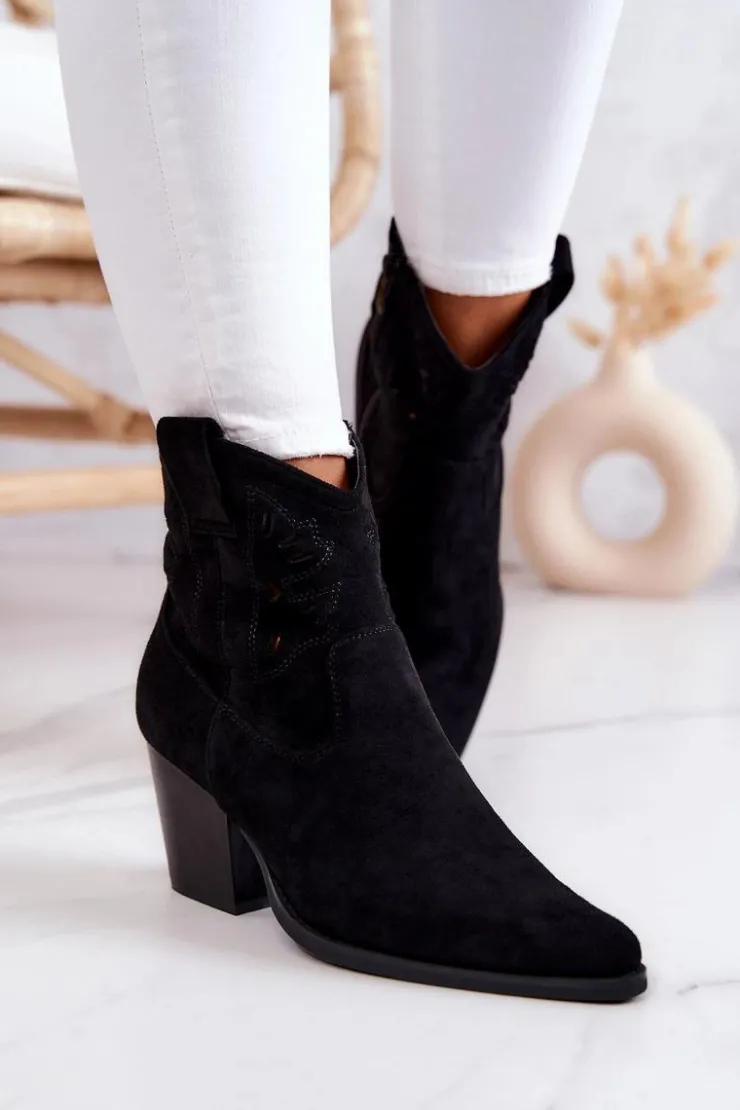 Outlet Damskie buty S.Barski Zamszowe Damskie Botki Kowbojki Czarne Devon