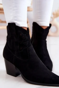 Outlet Damskie buty S.Barski Zamszowe Damskie Botki Kowbojki Czarne Devon