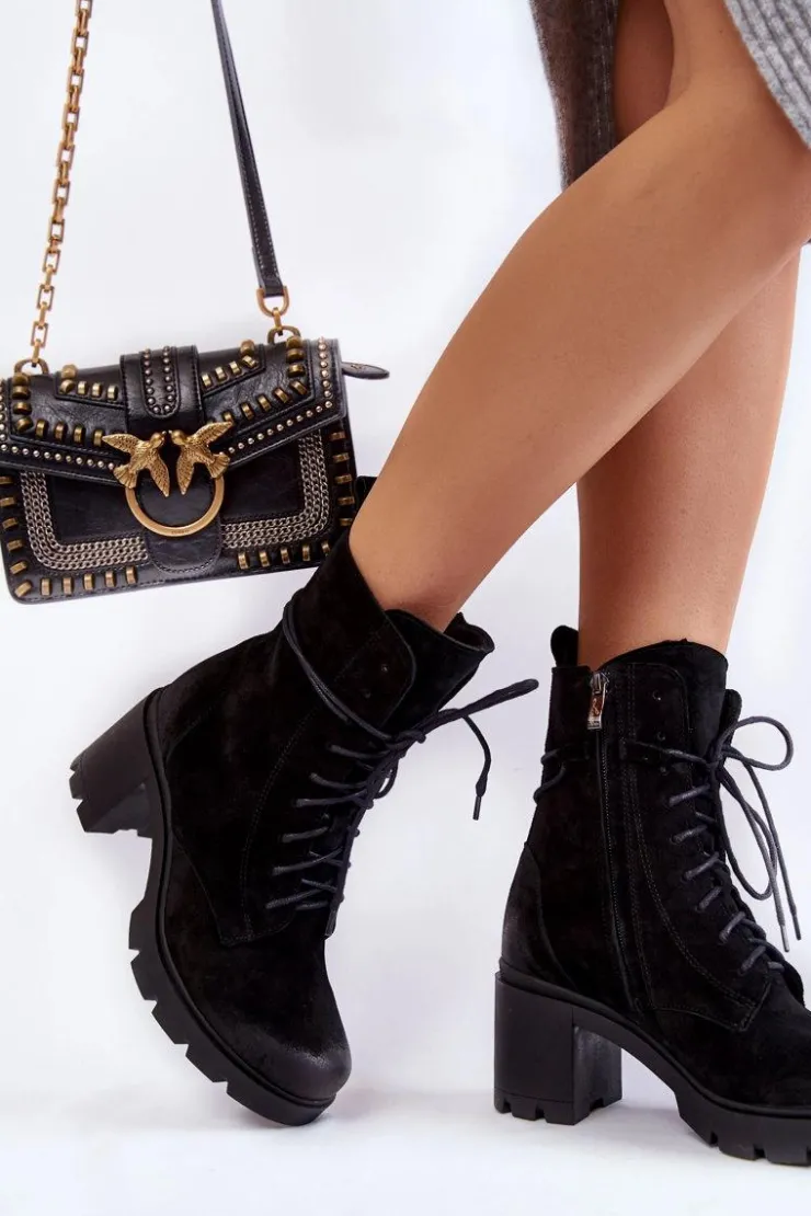 Outlet Boto Zamszowe Damskie Botki Na Obcasie Czarne Rea