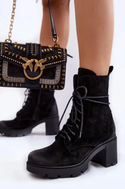 Outlet Boto Zamszowe Damskie Botki Na Obcasie Czarne Rea