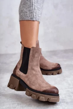Damskie Boto Zamszowe Damskie Botki Na Platformie Beżowe Lemar Hilde