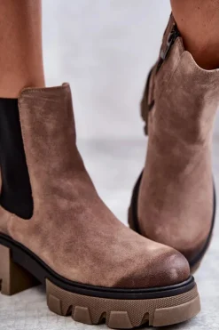 Damskie Boto Zamszowe Damskie Botki Na Platformie Beżowe Lemar Hilde