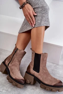 Damskie Boto Zamszowe Damskie Botki Na Platformie Beżowe Lemar Hilde