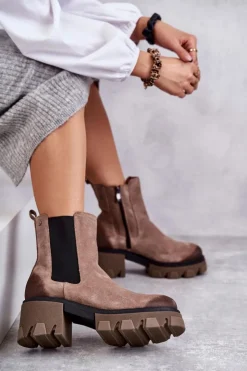 Damskie Boto Zamszowe Damskie Botki Na Platformie Beżowe Lemar Hilde