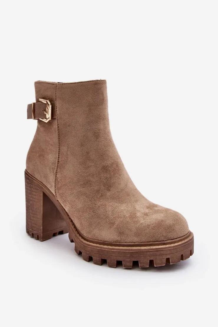 Discount Boto Zamszowe Damskie Botki Na Słupku Z Ozdobą Beżowe Menoria