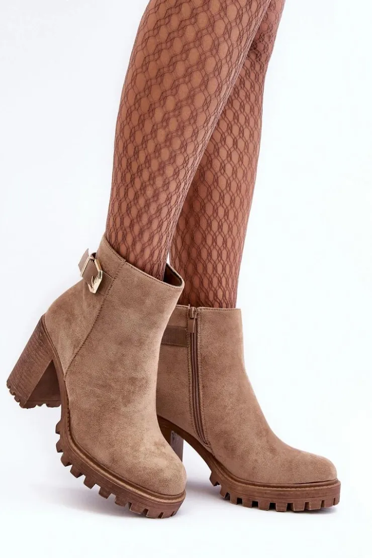 Discount Boto Zamszowe Damskie Botki Na Słupku Z Ozdobą Beżowe Menoria