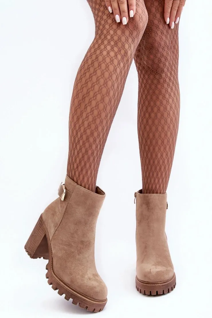 Discount Boto Zamszowe Damskie Botki Na Słupku Z Ozdobą Beżowe Menoria