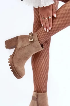 Discount Boto Zamszowe Damskie Botki Na Słupku Z Ozdobą Beżowe Menoria