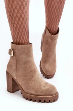 Discount Boto Zamszowe Damskie Botki Na Słupku Z Ozdobą Beżowe Menoria