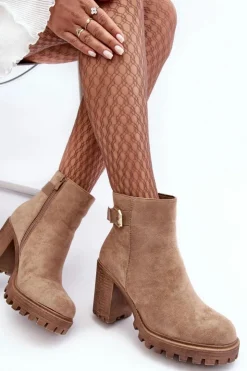 Discount Boto Zamszowe Damskie Botki Na Słupku Z Ozdobą Beżowe Menoria